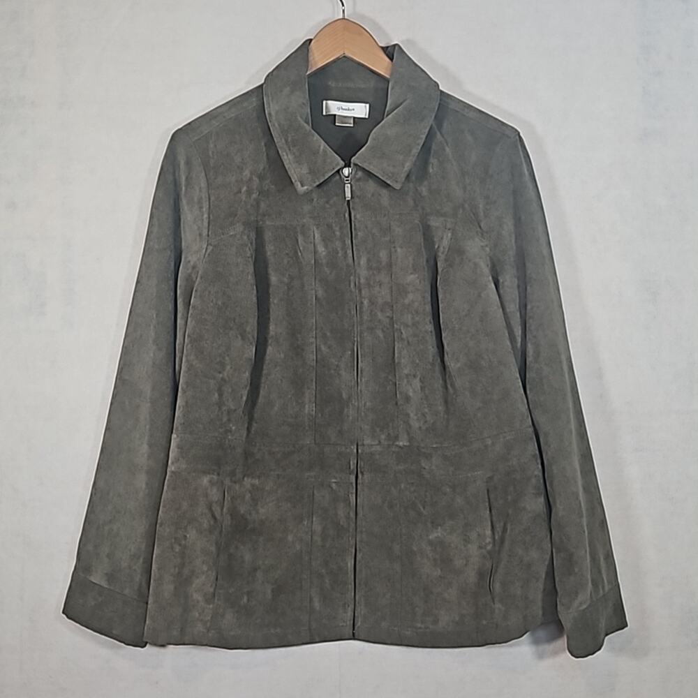 CJ Banks Green Faux Suede Jacket Womens 1X Full Zip Microfiber Lightweight